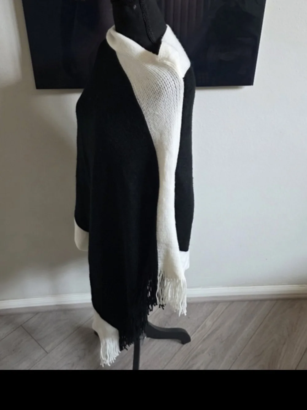 Black and White Fringe Poncho Sweater - Women OSFM
